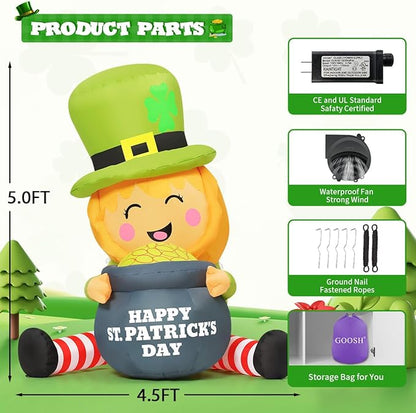 GOOSH 5 FT St Patricks Day Inflatables Outdoor Decorations Blow Up Yard Giant Leprechaun with Gold Coin Pot with Built-in LEDs for Garden Lawn Indoor Party Decor
