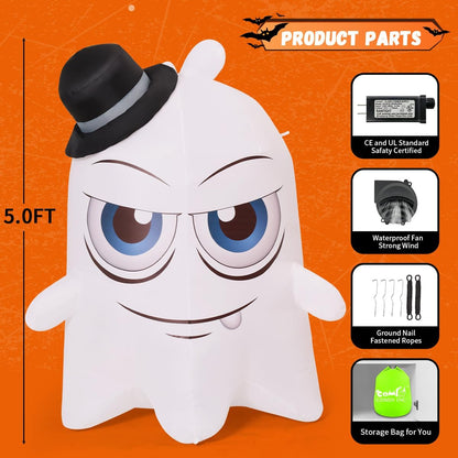Goosh Halloween Inflatables 5 FT Green Light Ghost with Big Eyes Halloween Blow Ups Decorations with Built-in Rotating LED Lights for Holiday Party Indoor Outdoor Yard Garden Lawn