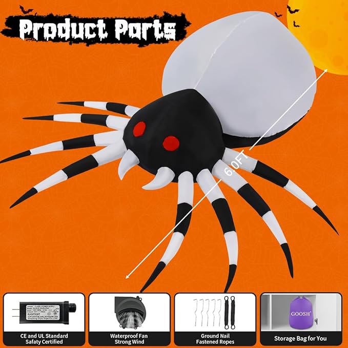 GOOSH 6 FT Height Halloween Inflatables Outdoor Spider with Magic Light, Blow Up Yard Decoration with LED Lights Built-in for Holiday/Party/Yard/Garden