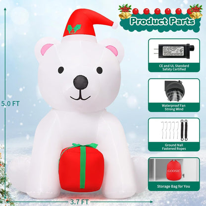GOOSH 5 Ft Christmas Inflatable Bear Outdoor Decorations Blow Up Yard A White Bear Holding a Present with Built-in LEDs for Indoor Party Garden Lawn Decor