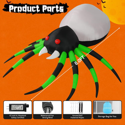 GOOSH 8ft Light-Up Inflatable Green Spider Halloween Yard Decoration
