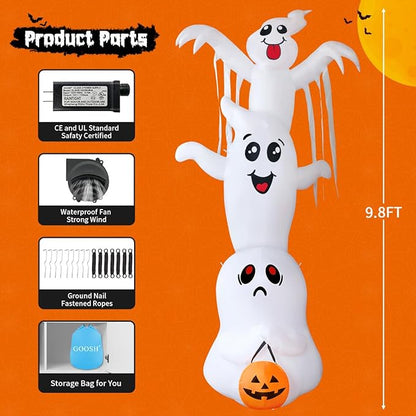 GOOSH 10 FT High Halloween Inflatable Overlap Ghost Blow Up Yard Decoration Clearance with LED Lights Built-in for Holiday/Party/Yard/Garden
