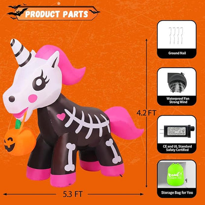 GOOSH 5 FT Halloween Inflatables Skeleton Unicorn Outdoor Decorations Blow Up Yard Pink Cute with Built-in LEDs for Indoor Party Garden Lawn Decor