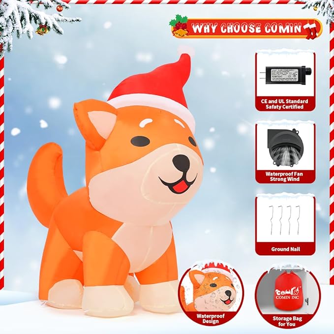 Goosh 4FT Christmas Inflatables Outdoor Decorations Blow Up Dog Built-in LEDs for Christmas Indoor Outdoor Yard Lawn Garden Decorations