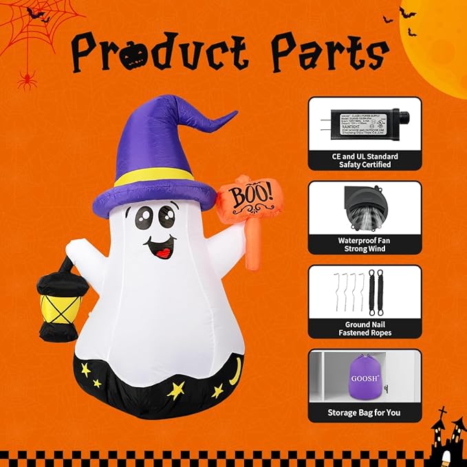 GOOSH 5 FT Halloween Inflatables Ghost Outdoor Decorations Blow Up Yard Cute Wizard Ghost with Hand-Held Light with Built-in LEDs for Garden Lawn Indoor Party Decor