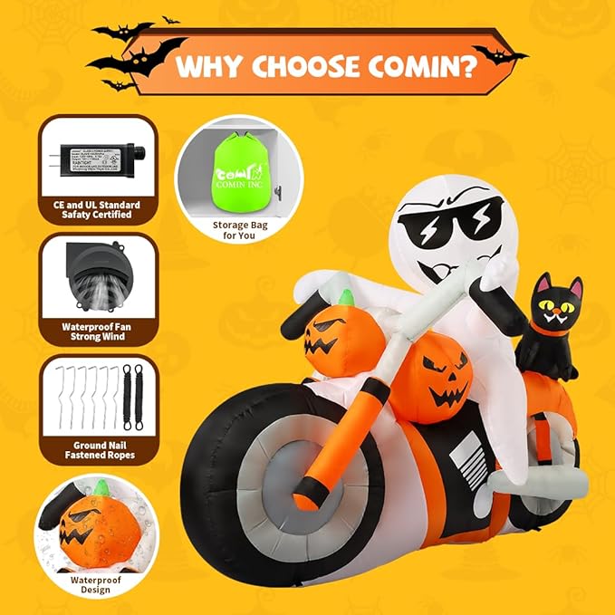 GOOSH 6 FT Halloween Inflatables Ghost Outdoor Decorations Blow Up Yard Pumpkin Cat Motorcycle with Built-in LEDs for Indoor Party Garden Lawn Decor
