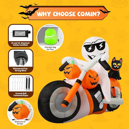 GOOSH 6ft Light-Up Inflatable Ghost with Pumpkin Cat Motorcycle Halloween Yard Decoration