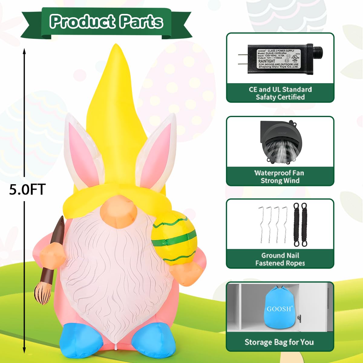 GOOSH 5 FT Easter Inflatable Gnome Outdoor Decorations Blow Up Yard Cute Gnome Wearing Bunny Hat Holding Eggs and Paintbrush Built-in LEDs Garden Lawn Indoor Decor