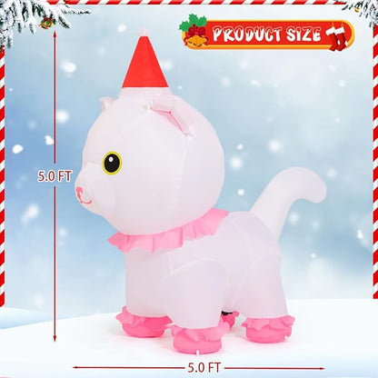 Goosh 5 FT Christmas Inflatables Outdoor Decorations, Blow Up Cute White Cat with Built-in LEDs for Christmas Indoor Outdoor Yard Lawn Garden Decorations