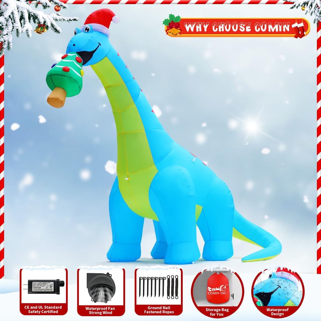 Goosh 10ft Christmas Inflatables Outdoor Decorations, Blow Up Dinosaur Christmas Tree Inflatable with Built-in LEDs for Christmas Indoor Outdoor Yard Lawn Garden Decorations