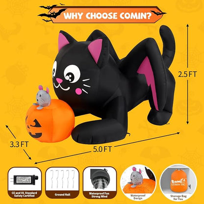GOOSH 5ft Light-Up Inflatable Cat with Pumpkin Halloween Yard Decoration