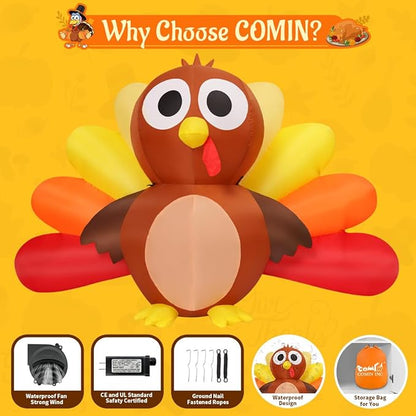 Goosh 6.7 FT Long Thanksgiving Inflatables Turkey Baby with Built-in LEDs Blow Up Yard Decoration for Holiday Party Indoor Outdoor Garden Lawn