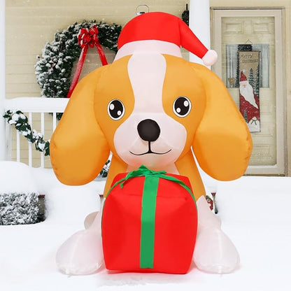 GOOSH 5 FT Long Christmas Inflatables Dog Outdoor Decorations Blow Up Yard Cute Puppy with a Present Box with Built-in LEDs for Xmas Garden Lawn Indoor Party Decor