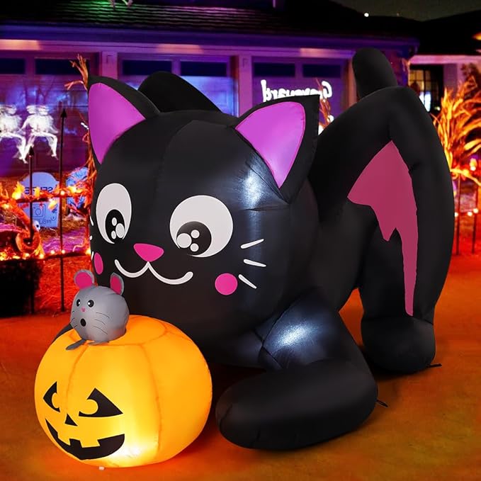 Goosh 5 FT Halloween Inflatables Cat Outdoor Decorations Blow Up Yard Pumpkin with Built-in LEDs for Indoor Party Garden Lawn Decor