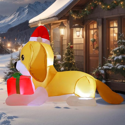 GOOSH 5 FT Long Christmas Inflatables Dog Outdoor Decorations Blow Up Yard Cute Puppy with a Present Box with Built-in LEDs for Xmas Garden Lawn Indoor Party Decor