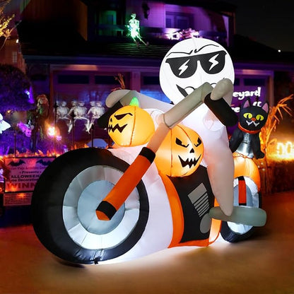 GOOSH 6ft Light-Up Inflatable Ghost with Pumpkin Cat Motorcycle Halloween Yard Decoration