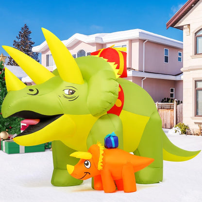 GOOSH 7.5 FT Length Christmas Inflatables Dinosaur Outdoor Decorations Blow Up Green Triceratops with Baby Dino Yard Decorations with Built-in LED Lights for Garden Lawn Outdoor Yard Xmas