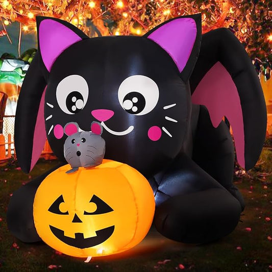 Goosh 5 FT Halloween Inflatables Cat Outdoor Decorations Blow Up Yard Pumpkin with Built-in LEDs for Indoor Party Garden Lawn Decor