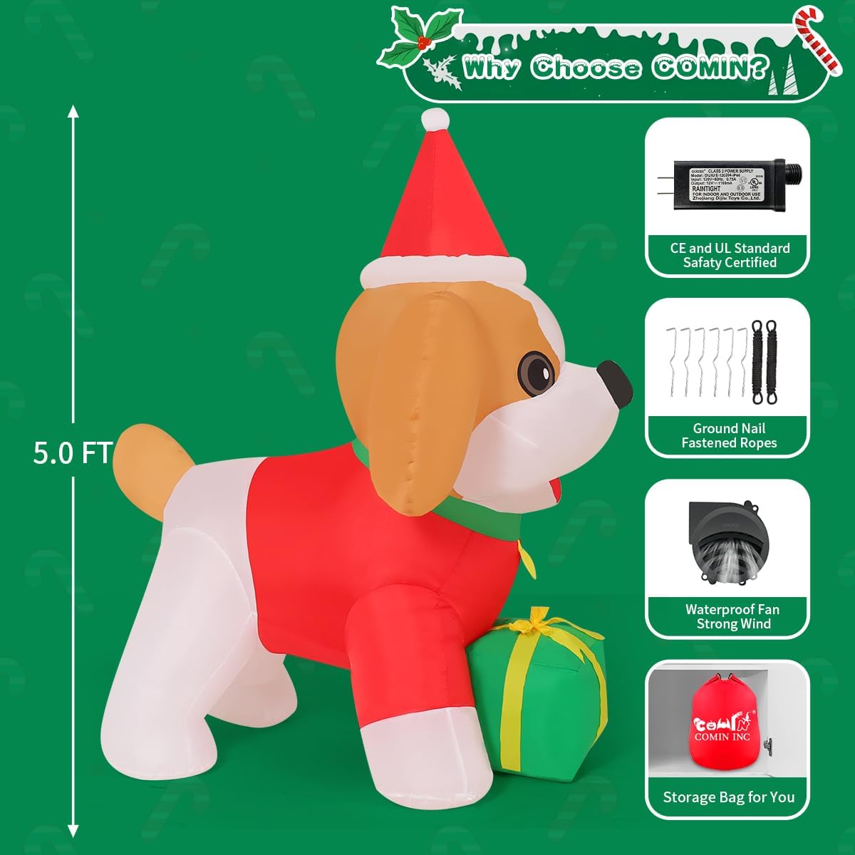Goosh 5 FT Christmas Inflatables Cavalier King Charles Puppy Dog Outdoor Decorations Blow Up Yard Present Box with Built-in LEDs for Indoor Party Garden Lawn Decor