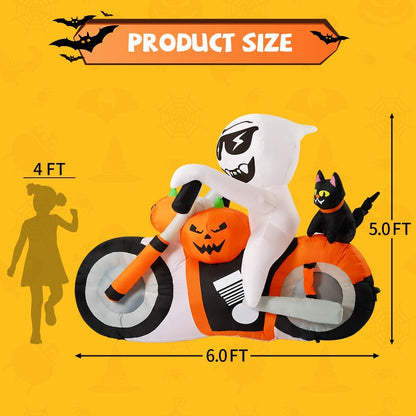 GOOSH 6ft Light-Up Inflatable Ghost with Pumpkin Cat Motorcycle Halloween Yard Decoration