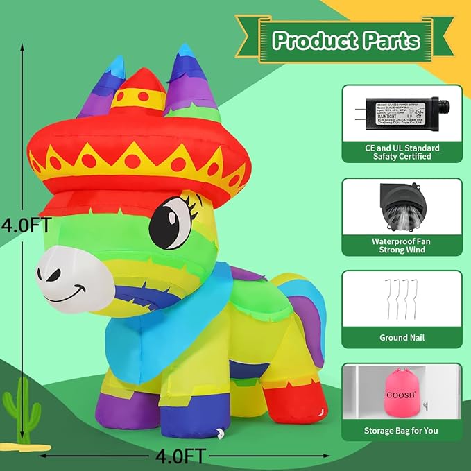 GOOSH 4 FT Cinco De Mayo Inflatables Horse Outdoor Decorations Blow Up Yard Colorful Mexican Fiesta Party Decoractions with Built-in LEDs for Garden Lawn Indoor Decor