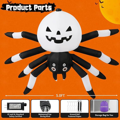 GOOSH 5 FT Width Halloween Inflatables Outdoor Decorations Spider with Magic Light, Blow Up Yard Decorations with LED Lights for Party Yard Garden Lawn