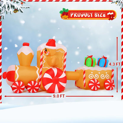 Goosh 9 FT Length Christmas Inflatables Outdoor Decoration Blow Up Gingerbread Man Train with Built-in LEDs for Indoor Yard Garden Lawn Decor