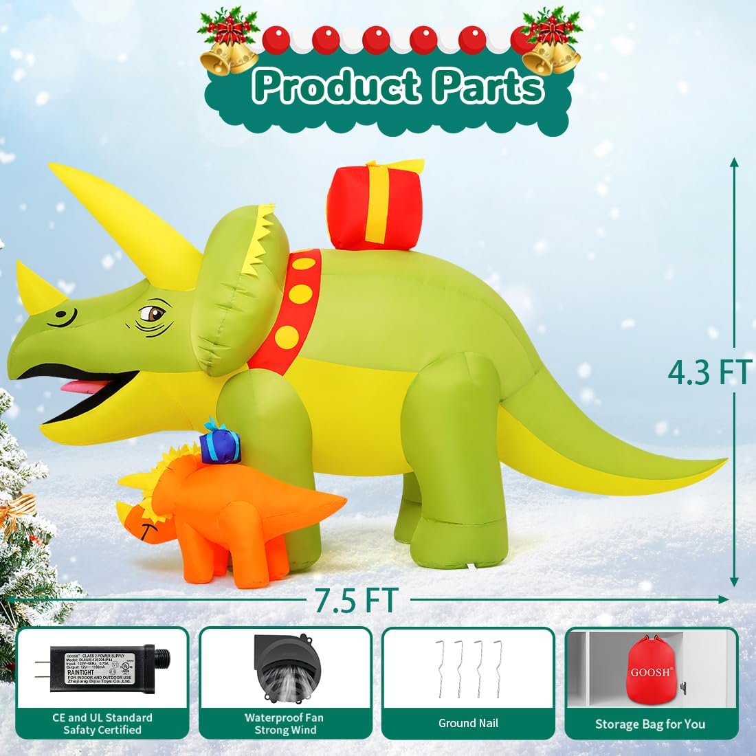 GOOSH 7.5 FT Length Christmas Inflatables Dinosaur Outdoor Decorations Blow Up Green Triceratops with Baby Dino Yard Decorations with Built-in LED Lights for Garden Lawn Outdoor Yard Xmas
