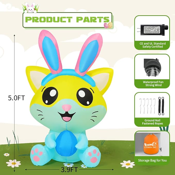 Goosh 5 FT Easter Inflatables Cat with Eggs Outdoor Decorations Blow Up Yard Rabbit Ears with Built-in LEDs for Indoor Party Garden Lawn Decor