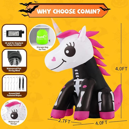 GOOSH 4 FT Halloween Inflatables Skeleton Unicorn Outdoor Decorations Blow Up Yard Pink Cute with Built-in LEDs for Indoor Party Garden Lawn Decor