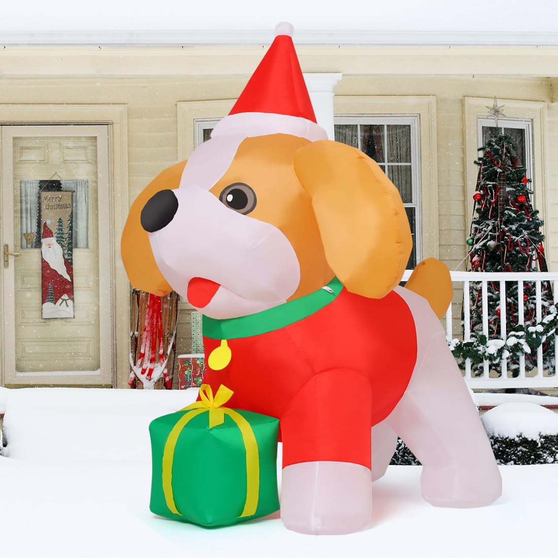 Goosh 5 FT Christmas Inflatables Cavalier King Charles Puppy Dog Outdoor Decorations Blow Up Yard Present Box with Built-in LEDs for Indoor Party Garden Lawn Decor