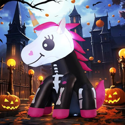 GOOSH 4 FT Halloween Inflatables Skeleton Unicorn Outdoor Decorations Blow Up Yard Pink Cute with Built-in LEDs for Indoor Party Garden Lawn Decor