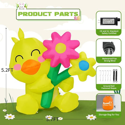 GOOSH 5.2 FT Easter Inflatables Chicken Outdoor Decorations Blow Up Chick Spring Flower with Built-in LEDs for Indoor Yard Garden Lawn Decoration