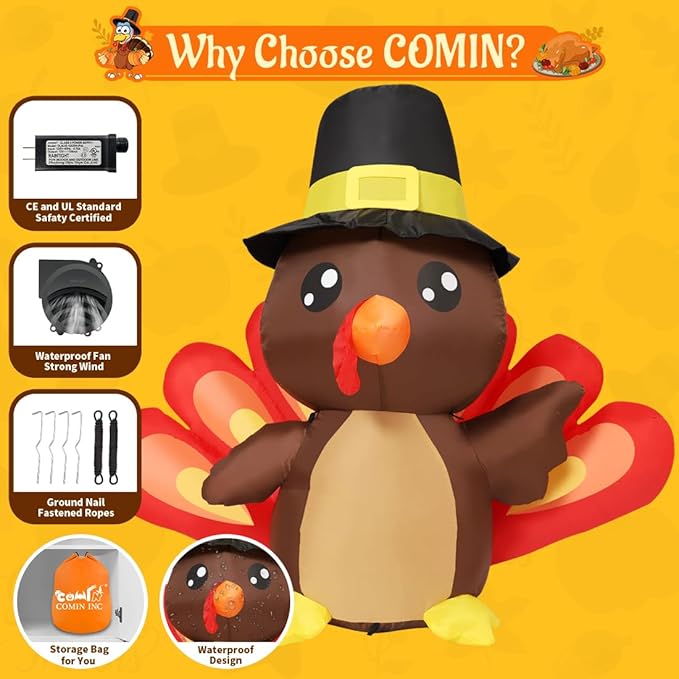 Goosh 4FT Tall Thanksgiving Inflatables Turkey Baby in Hat with Built-in LEDs Blow Up Yard Decoration for Holiday Season Party Indoor Outdoor Garden Lawn