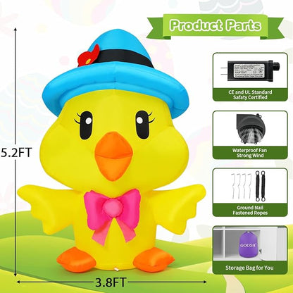 GOOSH 5.2 FT Easter Inflatables Chicken Outdoor Decorations Blow Up Yard with The Blue Hat with Built-in LEDs for Indoor Party Garden Lawn Decor