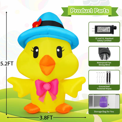 GOOSH 5.2 FT Easter Inflatables Chicken Outdoor Decorations Blow Up Yard with The Blue Hat with Built-in LEDs for Indoor Party Garden Lawn Decor