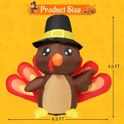 Goosh 4FT Tall Thanksgiving Inflatables Turkey Baby in Hat with Built-in LEDs Blow Up Yard Decoration for Holiday Season Party Indoor Outdoor Garden Lawn