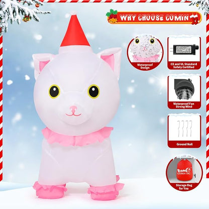 Goosh 5 FT Christmas Inflatables Outdoor Decorations, Blow Up Cute White Cat with Built-in LEDs for Christmas Indoor Outdoor Yard Lawn Garden Decorations
