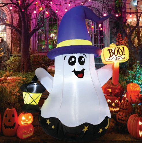 GOOSH 5 FT Halloween Inflatables Ghost Outdoor Decorations Blow Up Yard Cute Wizard Ghost with Hand-Held Light with Built-in LEDs for Garden Lawn Indoor Party Decor