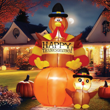 Load image into Gallery viewer, Thanksgiving Day Inflatable 5.7FT Turkeys Sitting on Pumpkin with Built-in Bright LED Lights Blow Up Inflatables Christmas Party/Indoor/Outdoor/Yard/Garden/Lawn Decoration
