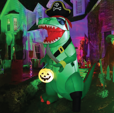 GOOSH 7 FT Halloween Inflatables Dinosaur Outdoor Decorations Blow Up Yard Pirate Dinosaur with Pumpkin Decoration with Built-in LEDs for Indoor Party Garden Lawn Decor