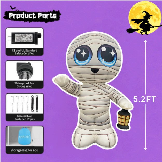 GOOSH 5.2FT Inflatable Cute Mummy with Lantern – Light-Up Halloween Yard Decoration