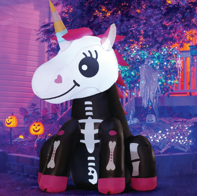 GOOSH 4 FT Halloween Inflatables Skeleton Unicorn Outdoor Decorations Blow Up Yard Pink Cute with Built-in LEDs for Indoor Party Garden Lawn Decor