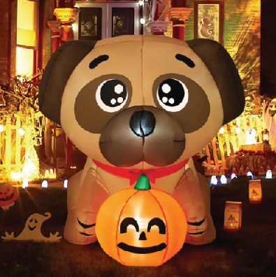 GOOSH 5 FT Halloween Inflatables Dog Outdoor Yard Decorations Blow Up Pug Holding Pumpkin with Built-in LEDs for Indoor Party Garden Lawn Decor