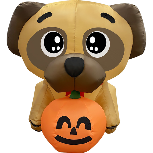 GOOSH 5 FT Halloween Inflatables Dog Outdoor Yard Decorations Blow Up Pug Holding Pumpkin with Built-in LEDs for Indoor Party Garden Lawn Decor
