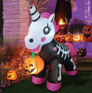 GOOSH 5 FT Halloween Inflatables Skeleton Unicorn Outdoor Decorations Blow Up Yard Pink Cute with Built-in LEDs for Indoor Party Garden Lawn Decor