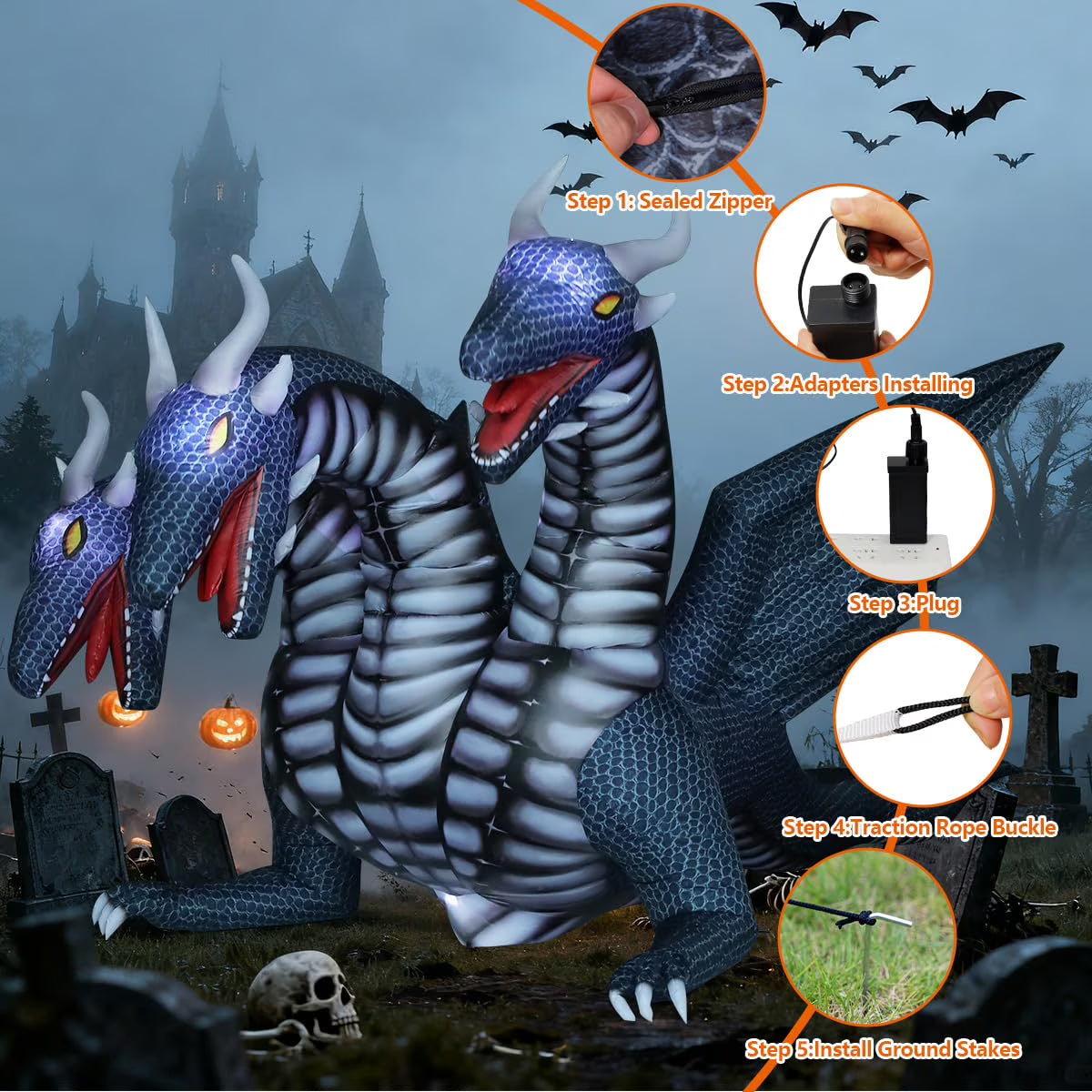 GOOSH 15.6 FT Long Animated Halloween Inflatables Outdoor Decorations Black Hydra Dragon
