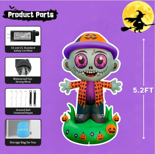 GOOSH 5.2FT Inflatable Zombie with Pumpkin Hat Light-Up Halloween Yard Decoration