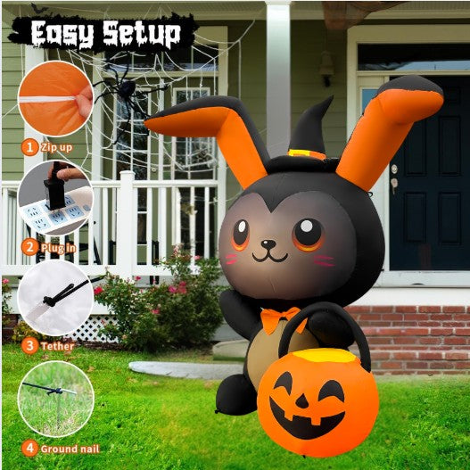 GOOSH 5FT Inflatable Halloween Bunny with Pumpkin Light-Up Yard Decoration