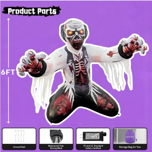 GOOSH 6FT Inflatable Zombie with Glowing Eyes – Light-Up Halloween Yard Decoration